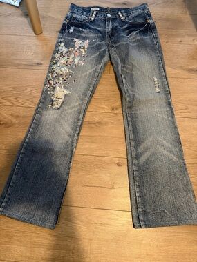 Embroidered Distressed Blue Women's Jeans